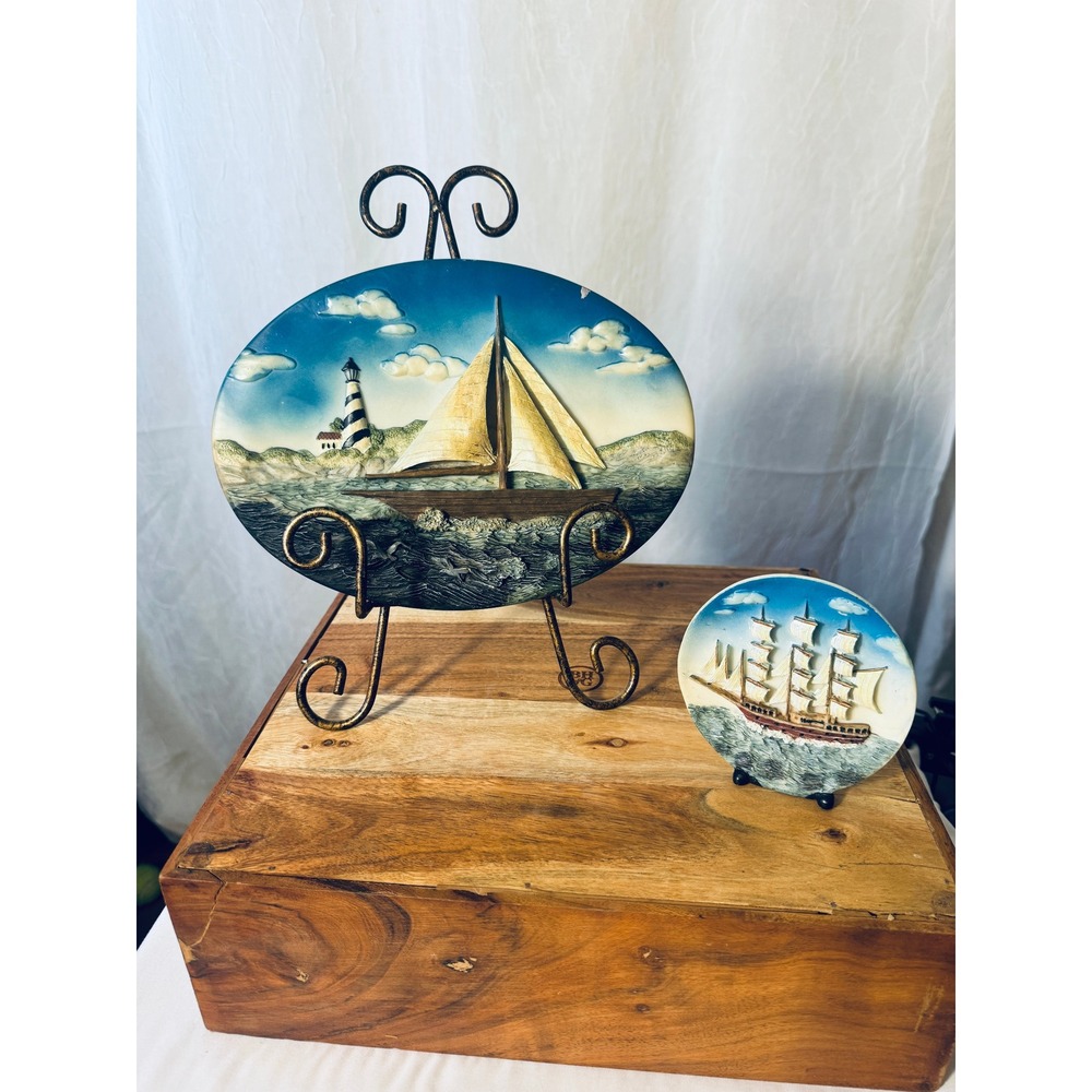 3D Relief Plaque Set Nautical Blue Sailboat Lighthouse Coastal Decor Vintage